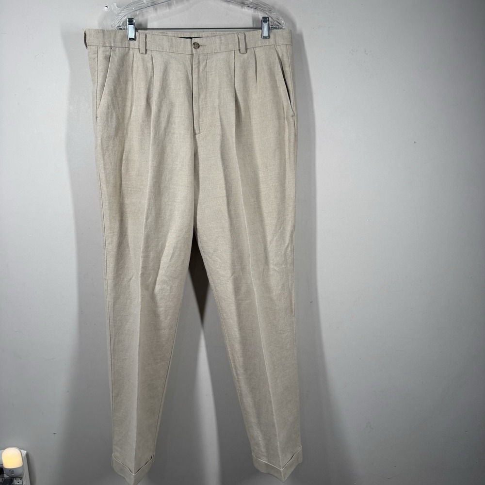 Dockers Premium Dress Slacks Mens 38x34 Beige Linen Blend Pleated Cuffed Preppy